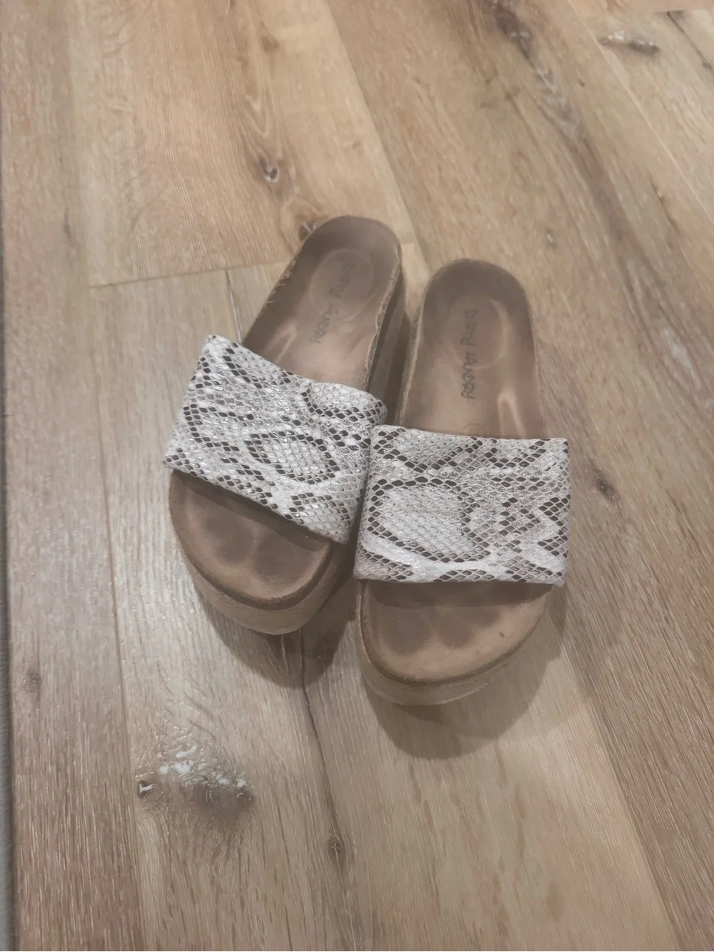 Neutral Snake-Print Slide Sandals with Jute Platform